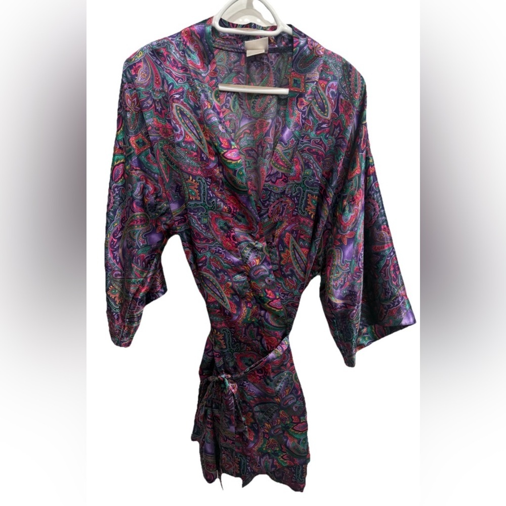 Adonna Vintage Satin Robe Tie Closure Purple Paisley Large